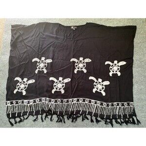 Chantique Hawaii Wrap Womens One Size Rayon Black Turtle Pattern Fringed Tropic